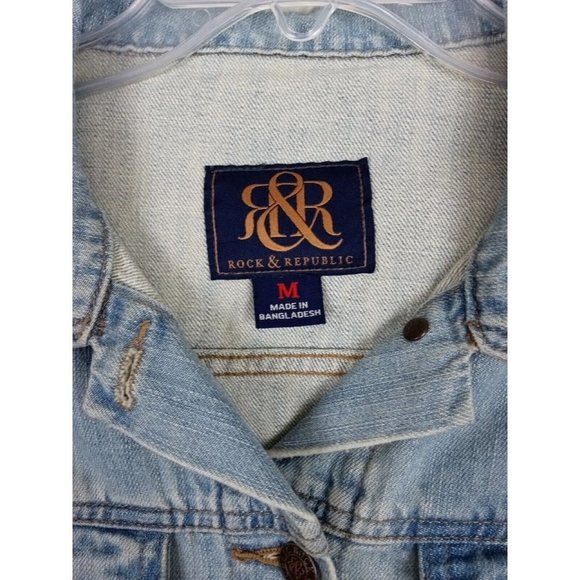Rock & Republic Womens Jean Jacket Hitchhiker‎ Denim Blue Studded Pockets M - Picture 3 of 10